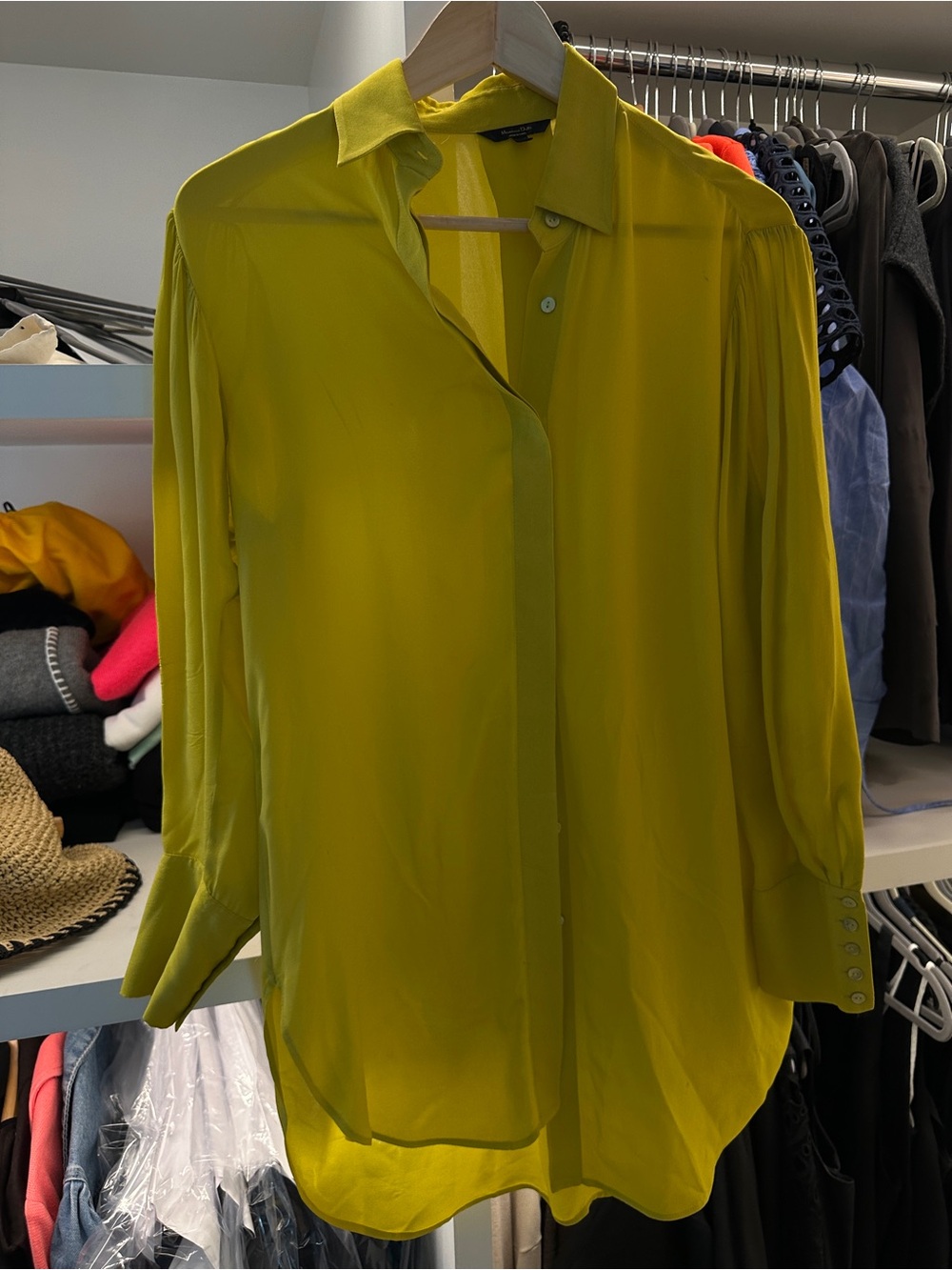 Massimo Dutti Sheer Button-Down Blouse in Chartreuse Yellow